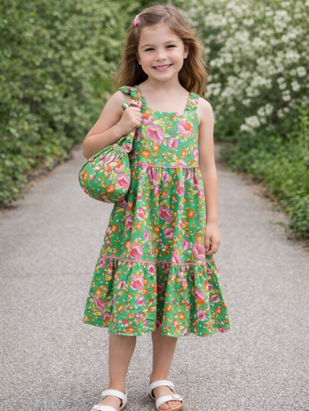 Isaac Mizrahi Girls Floral Tiered Maxi Dress Sz 6 Green Sleeveless w Bag
